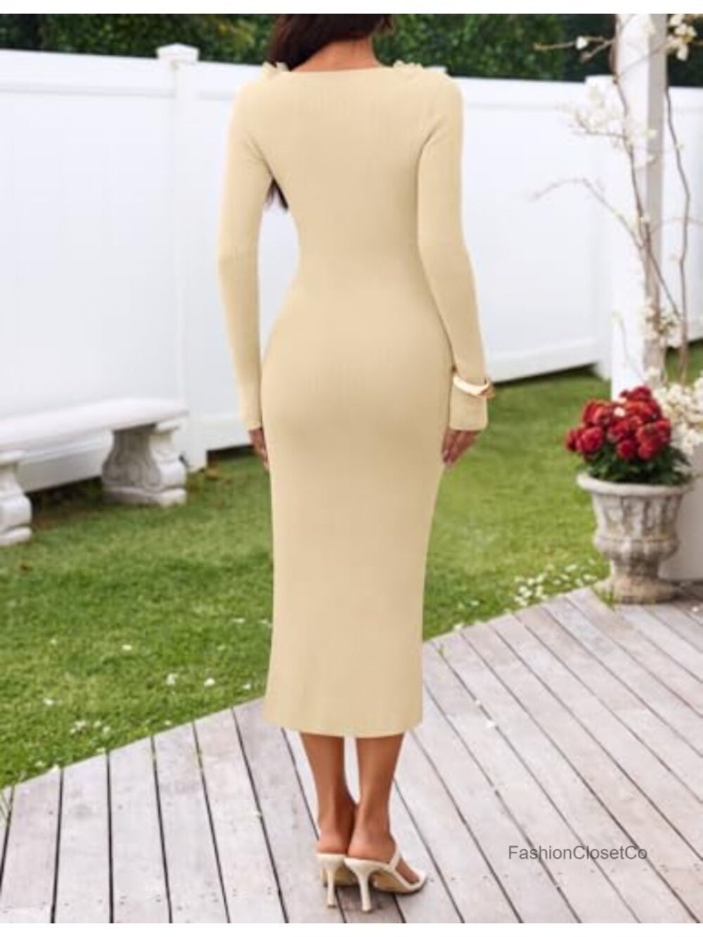 Women's Long Sleeve Ruffle Trim Bodycon Sweater Dress Fall Midi - Picture 2 of 5